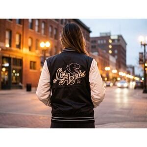 Hollister Los Angeles Panther Varsity Bomber Jacket Black White Women's M retro